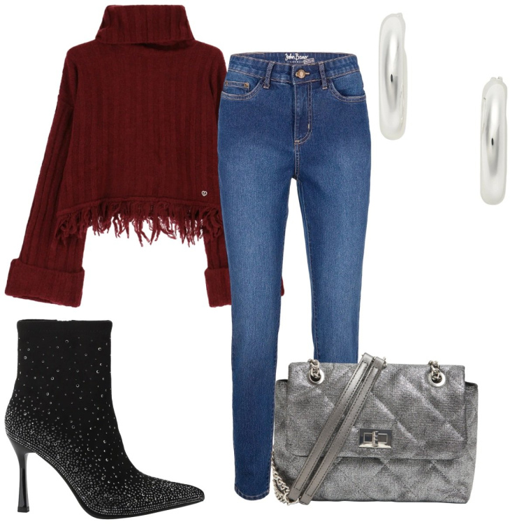 Outfit donna - Un tocco di luce d\'inverno : stivaletti. Stile Trendy per Tutti i giorni. Abbinamento con jeans skinny, borse a tracolla, stivaletti, maglieria, orecchini.