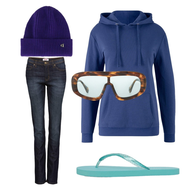 Outfit donna - Prendo il sole in balcone. Stile Minimal per Tutti i giorni. Abbinamento con jeans mom, felpe con cappuccio, infradito, occhiali da sole, cappelli.