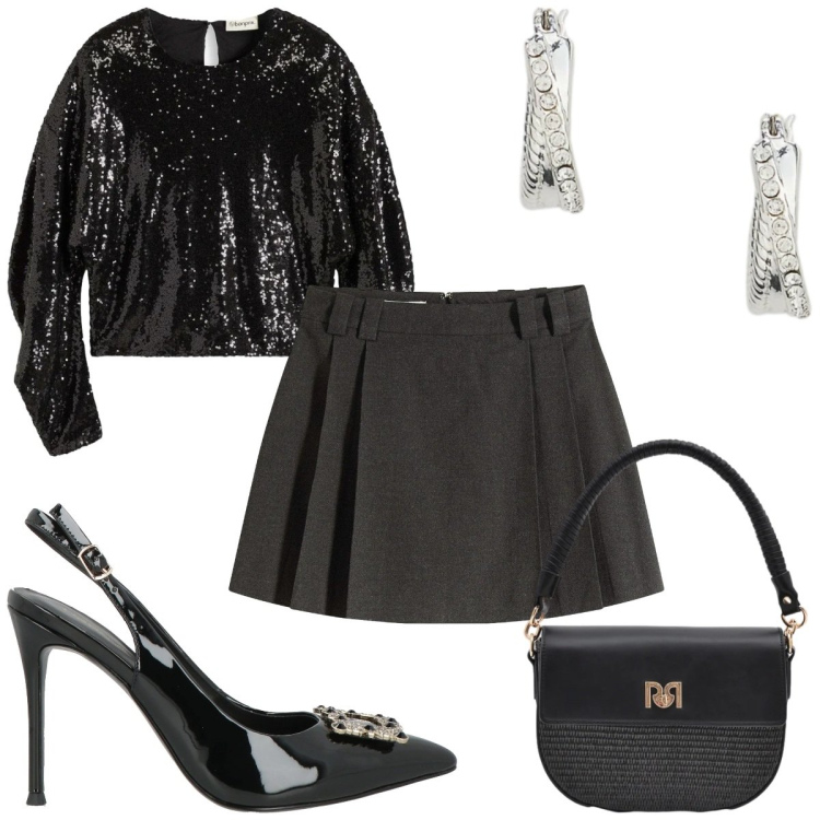Outfit donna - Total black, total glamour!. Stile Glamour per Serata fuori. Abbinamento con décolleté, gonne, bluse, borse a spalla, orecchini.