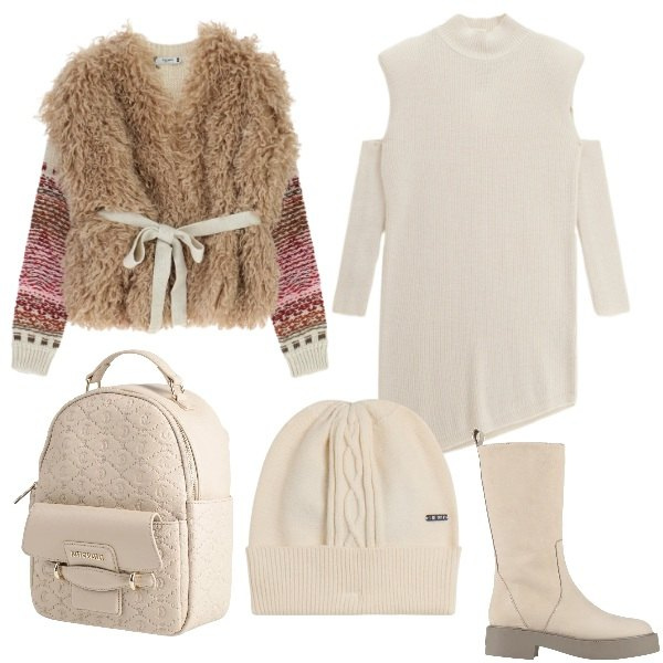 Outfit donna - calor crema. Stile Casual chic per Tutti i giorni. Abbinamento con zaini, stivali, vestiti asimmetrici, berretti, maglieria.