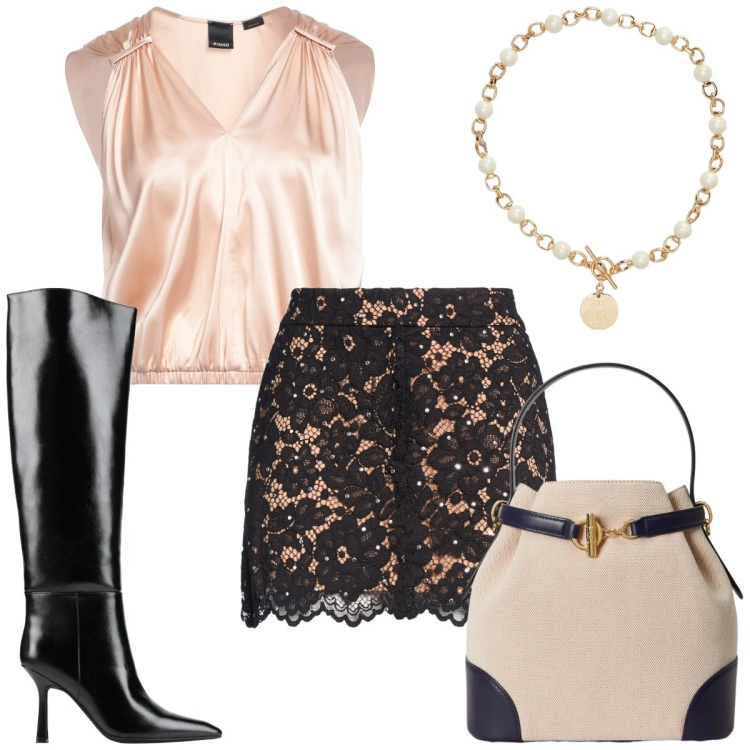 Outfit donna - Un tocco di luce d\'inverno :romantica. Stile Romantica per Serata fuori. Abbinamento con minigonne, top, stivali, collane, borse a secchiello.