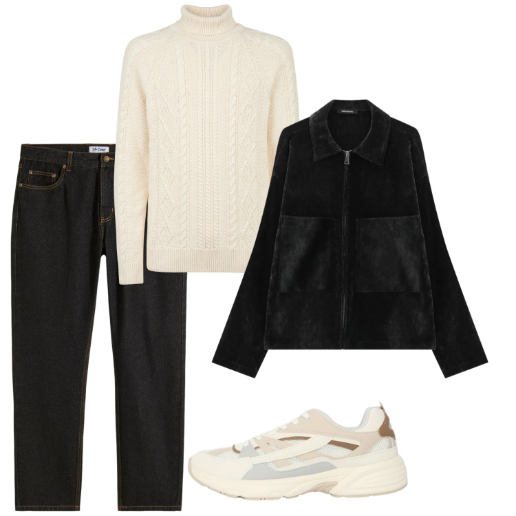 Outfit uomo - Febbraio. Stile Casual per Tutti i giorni. Abbinamento con jeans dritti, sneakers, cappotti, maglieria.