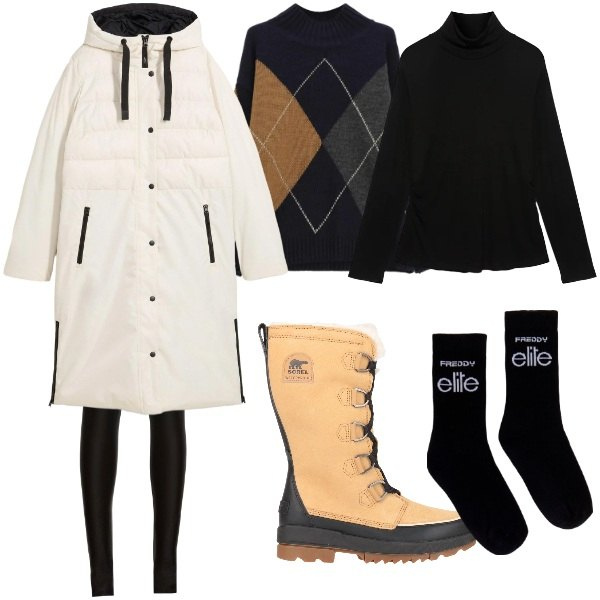 Outfit donna - caldissima e chic. Stile Sporty chic per Tutti i giorni. Abbinamento con stivali da neve, piumini, treggings, t-shirt, pullovers, calzini.