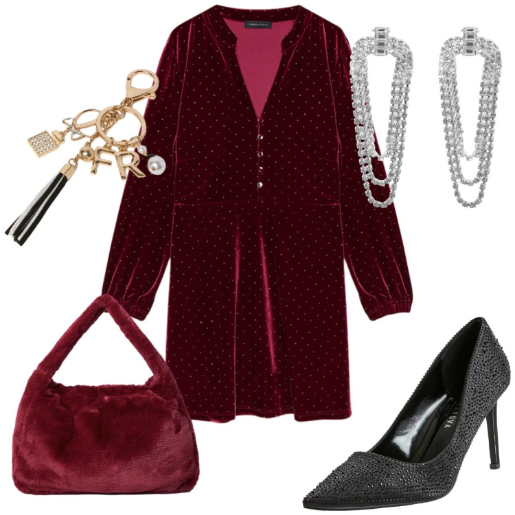 Outfit donna - Un tocco di luce d\'inverno : velluto. Stile Glamour per Serata fuori. Abbinamento con décolleté, orecchini, vestiti corti, portachiavi, borse a spalla.