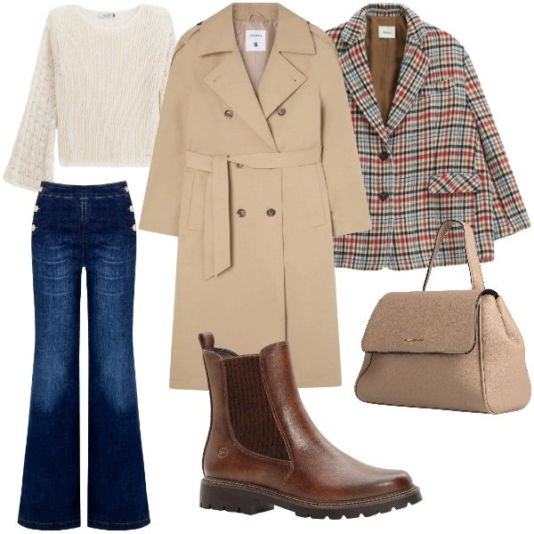 Outfit donna - country in ufficio. Stile Casual chic per Ufficio. Abbinamento con zaini, stivaletti, trench, blazer, maglieria, jeans.