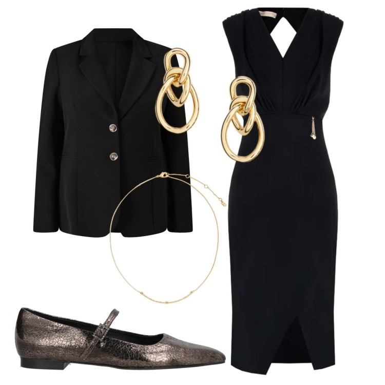 Outfit donna - Femminile in ufficio a febbraio. Stile Chic per Ufficio. Abbinamento con ballerine, vestiti asimmetrici, blazer, orecchini, collane.