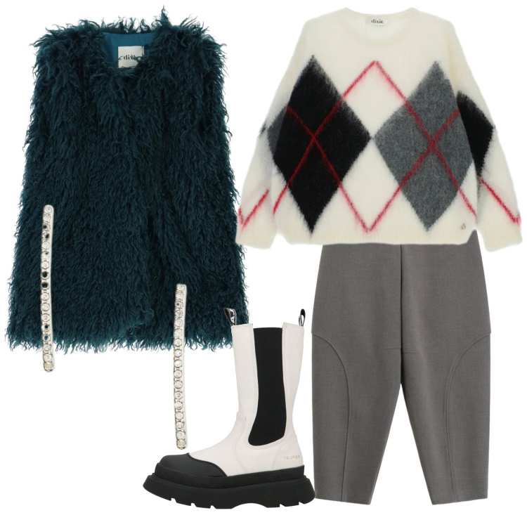 Outfit donna - Aperitivo al freddo. Stile Urban per Tutti i giorni. Abbinamento con stivaletti, maglieria, gilet, pantaloni a palazzo, orecchini.