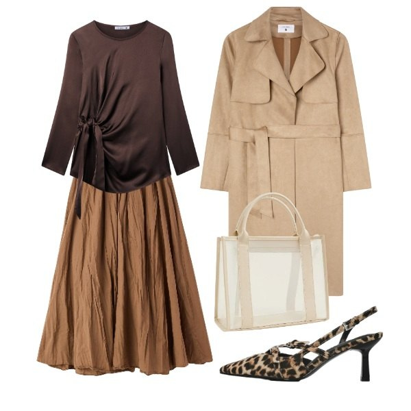 Outfit donna - ton sur ton marron. Stile Chic per Tutti i giorni. Abbinamento con gonne lunghe, bluse, décolleté, trench, borse tote.