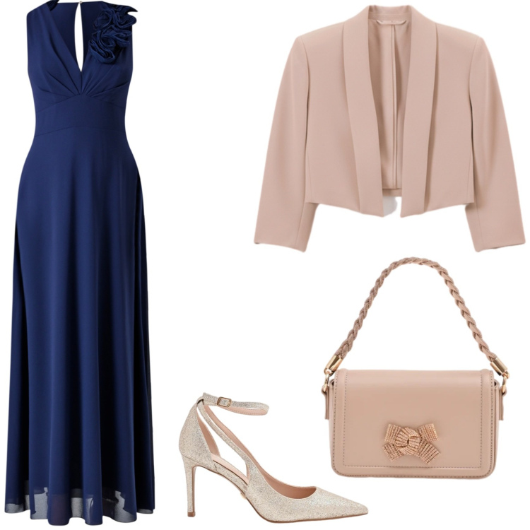 Outfit donna - Cerimonia elegante. Stile Chic per Serata fuori. Abbinamento con bolero, décolleté, pochette, vestiti lunghi.