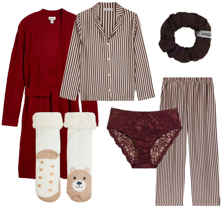 Outfit donna - Pigiama a righe. Stile Casual per Tutti i giorni. Abbinamento con culotte, cardigans, pigiama, calzini, accessori per capelli.