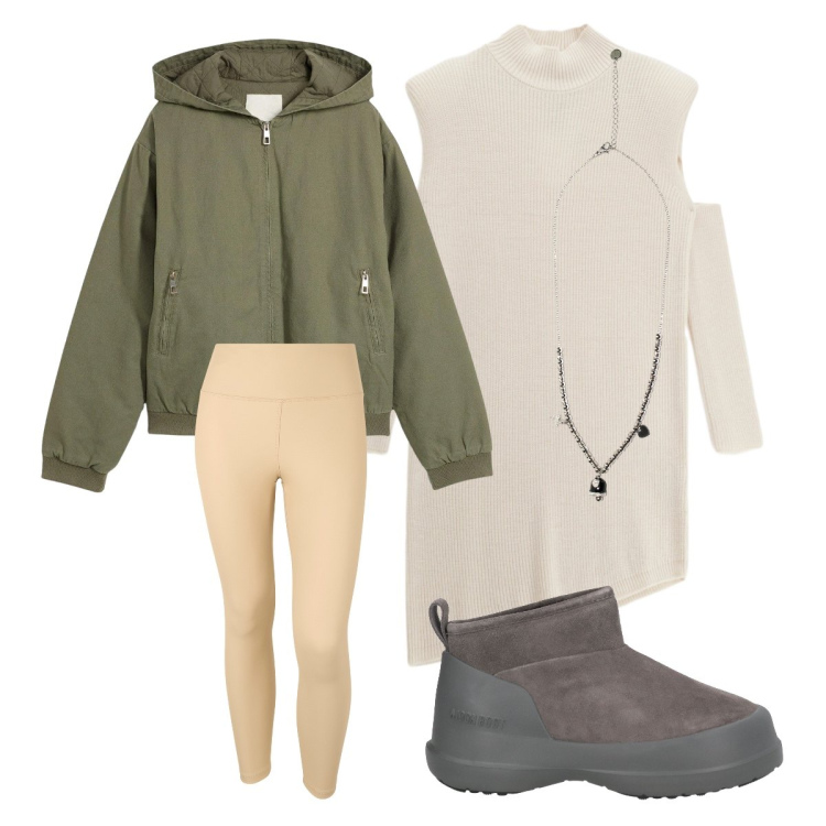 Outfit donna - Primo appuntamento. Stile Basic per Tutti i giorni. Abbinamento con stivali, blazer, vestiti asimmetrici, ciondoli, leggings.