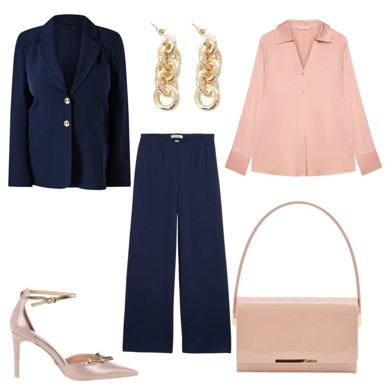 Outfit donna - Rosa in ufficio. Stile Casual chic per Tutti i giorni. Abbinamento con pantaloni, camicie, pochette, blazer, décolleté, orecchini.