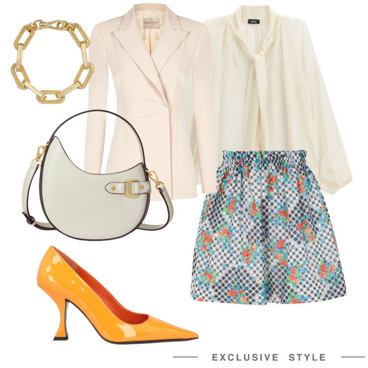 Outfit donna - Anticipo di primavera. Stile Bon Ton per Cerimonia. Abbinamento con décolleté, minigonne, bluse, blazer, braccialetti, borse a tracolla.