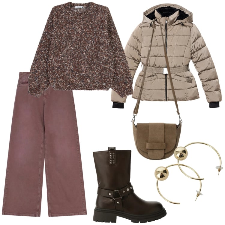 Outfit donna - In città. per Tutti i giorni. Abbinamento con piumini, pantaloni a palazzo, maglieria, stivali, orecchini, borse a tracolla.