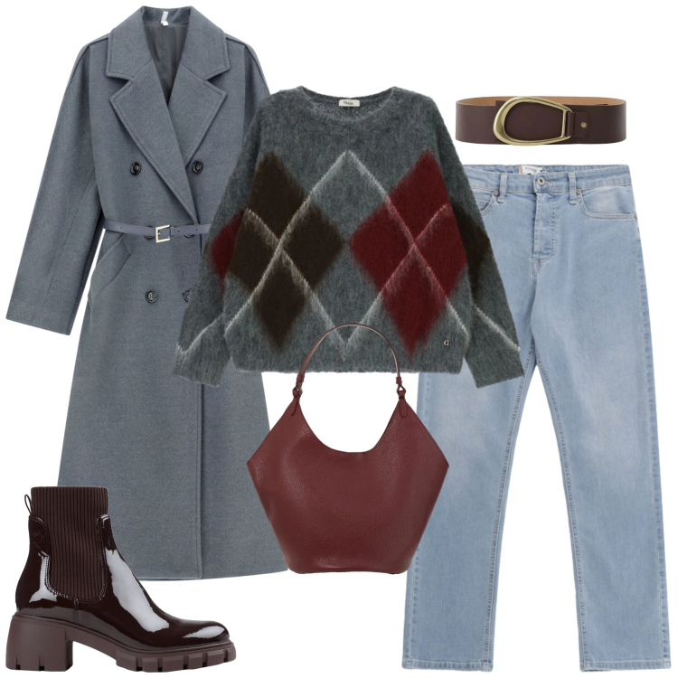 Outfit donna - Febbraio. Stile Trendy per Tutti i giorni. Abbinamento con stivaletti, cappotti, maglieria, cinture, borse a spalla, jeans.