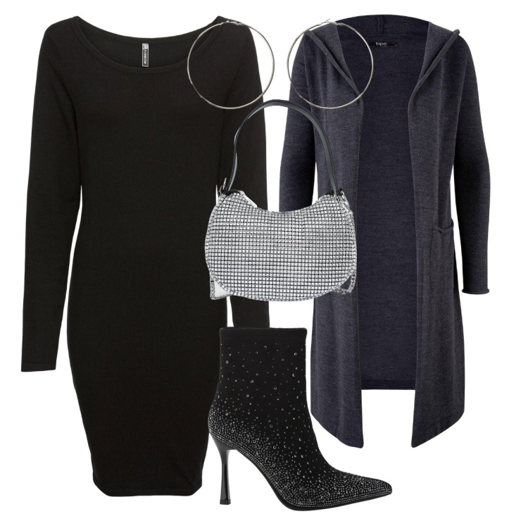 Outfit donna - Invitata informale con abito lungo. Stile Rock per Cerimonia. Abbinamento con cardigans, vestiti lunghi, borse a spalla, stivaletti, orecchini.