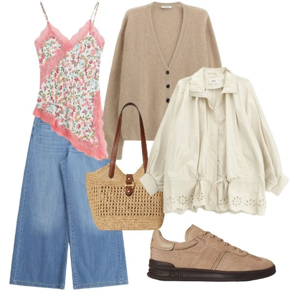 Outfit donna - bucolica e chic. Stile Romantica per Tutti i giorni. Abbinamento con canottiere, parka, cardigans, jeans, borse tote, sneakers.