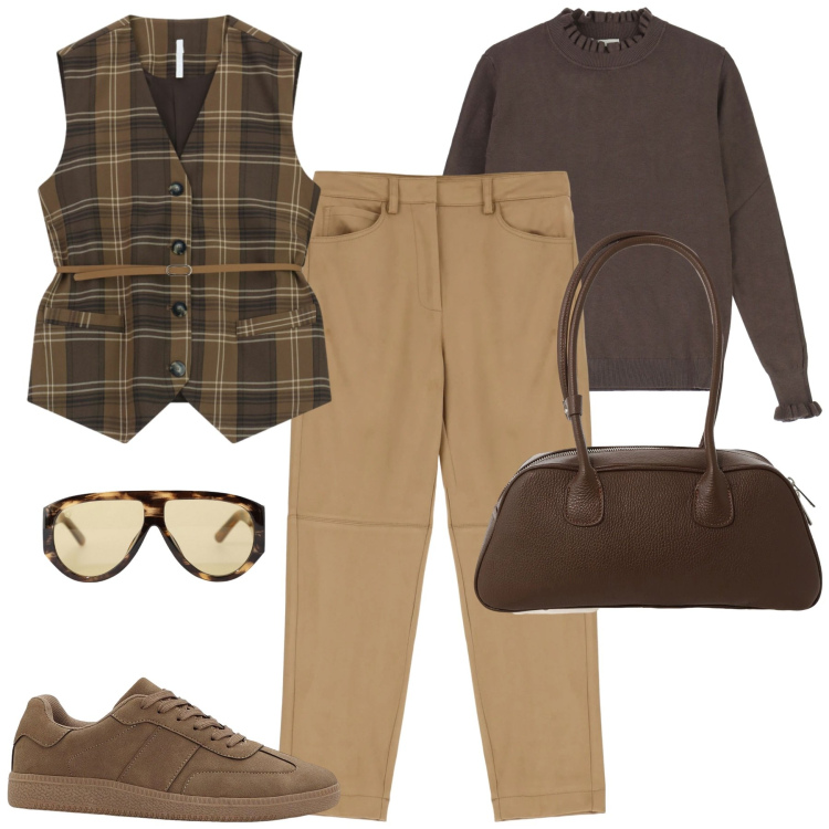 Outfit donna - Febbraio. Stile Casual chic per Tutti i giorni. Abbinamento con sneakers, pantaloni chino, occhiali da sole, gilet, maglieria, borse a mano.