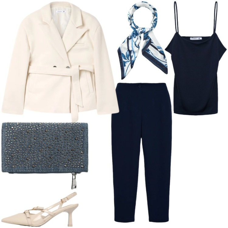 Outfit donna - Blazer cn cintura. Stile Bon Ton per Cerimonia. Abbinamento con blazer, pantaloni chino, décolleté, foulard, portafogli, canottiere.