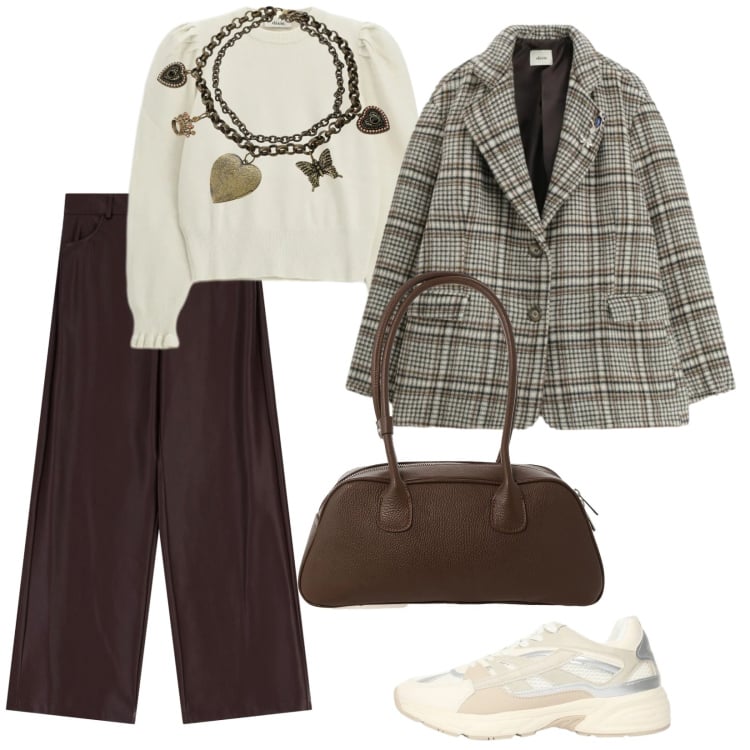 Outfit donna - Marrone. per Scuola/Università. Abbinamento con sneakers, pantaloni a palazzo, maglieria, blazer, borse a mano, collane.