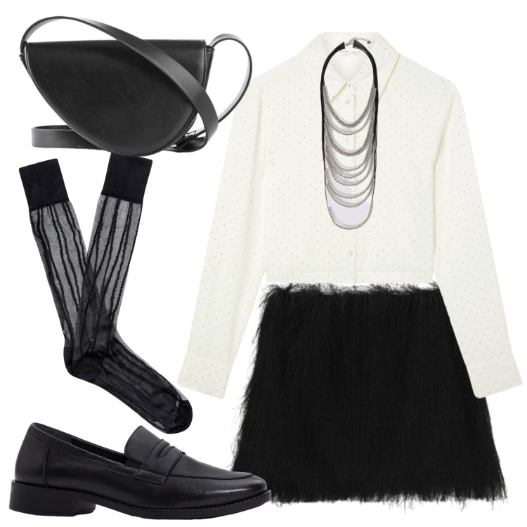 Outfit donna - Minigonna e mocassini. Stile Trendy per Serata fuori. Abbinamento con borse a tracolla, mocassini, camicie, collane, minigonne, calzini.