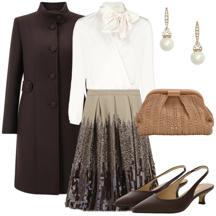 Outfit donna - Romantica in toni neutri. Stile Chic per Serata fuori. Abbinamento con décolleté, gonne longuette, pochette, cappotti, bluse, orecchini.