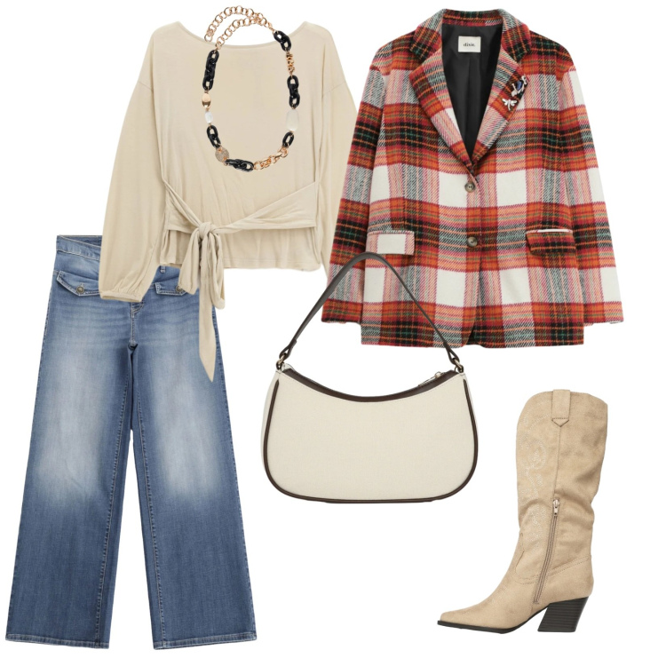 Outfit donna - Giacca a quadri. per Tutti i giorni. Abbinamento con stivali, borse a tracolla, collane, top, blazer, jeans.