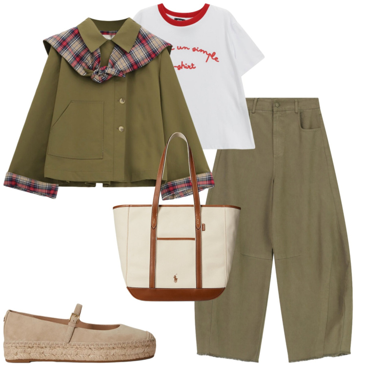 Outfit donna - Dixie. Stile Casual chic per Tutti i giorni. Abbinamento con cappotti, pantaloni a palazzo, t-shirt, borse tote, espadrillas.