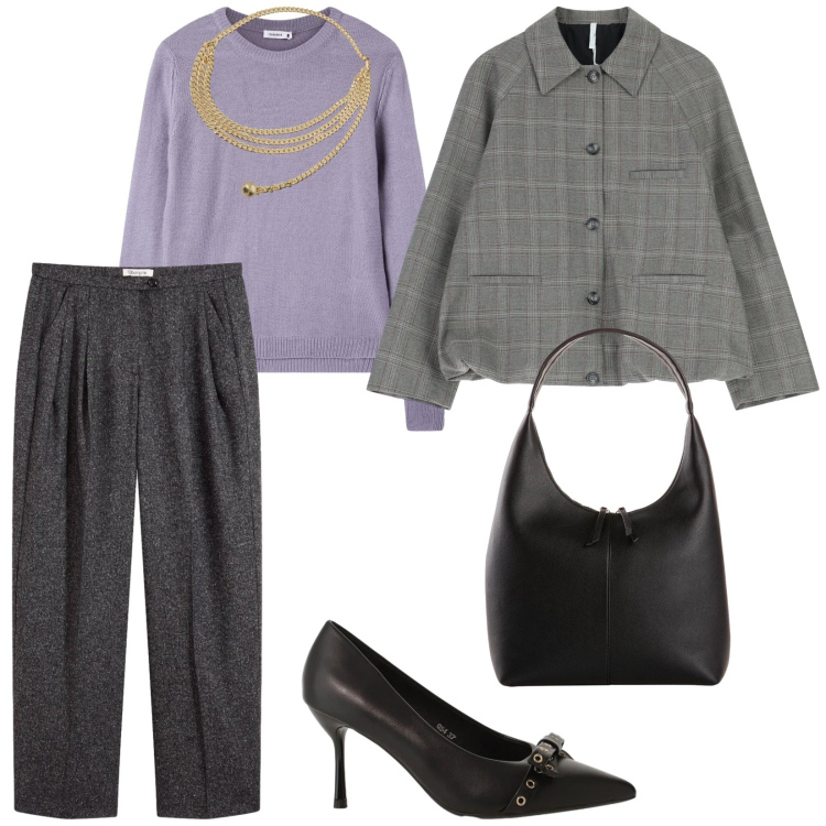 Outfit donna - A lavoro cosi. per Ufficio. Abbinamento con shopping bag, pantaloni, maglieria, décolleté, blazer, collane.