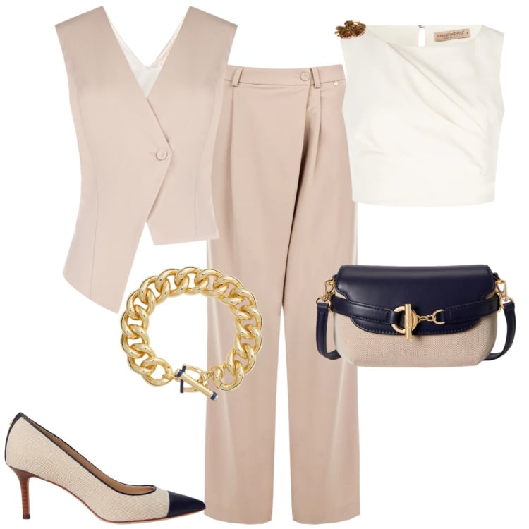 Outfit donna - Rinascimento. Stile Chic per Tutti i giorni. Abbinamento con pantaloni a palazzo, gilet, top, décolleté, borse a tracolla, braccialetti.
