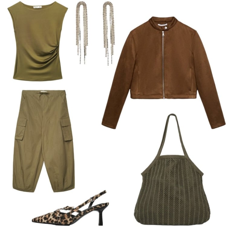 Outfit donna - Décolleté. Stile Glamour per Tutti i giorni. Abbinamento con pantaloni cargo, giacche, shopping bag, top, décolleté, orecchini.
