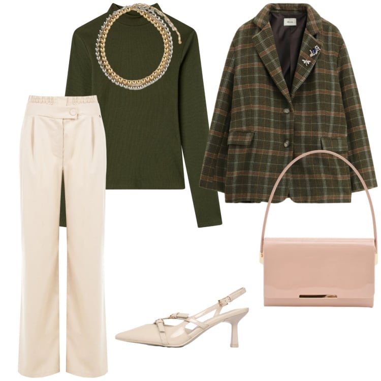 Outfit donna - Febbraio relax. per Ufficio. Abbinamento con collane, t-shirt, décolleté, pochette, pantaloni a palazzo, blazer.