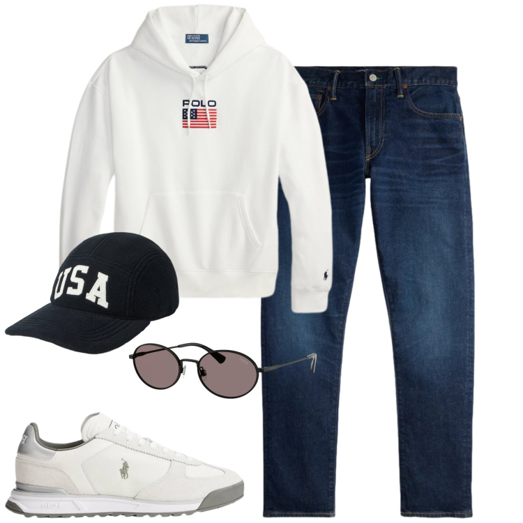 Outfit uomo - City. Stile Casual per Tutti i giorni. Abbinamento con sneakers, occhiali da sole, felpe con cappuccio, jeans, cappelli con visiera.