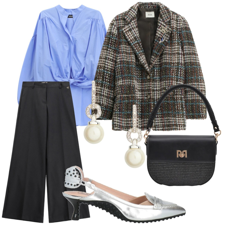 Outfit donna - Da mattina a sera. per Tutti i giorni. Abbinamento con décolleté, camicie, pantaloni a palazzo, cappotti, borse a spalla, orecchini.