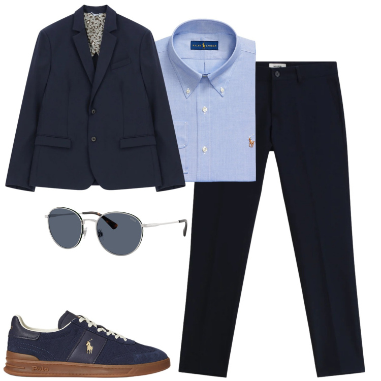 Outfit uomo - Blue. Stile Urban per Tutti i giorni. Abbinamento con pantaloni, giacche, camicie, sneakers, occhiali da sole.