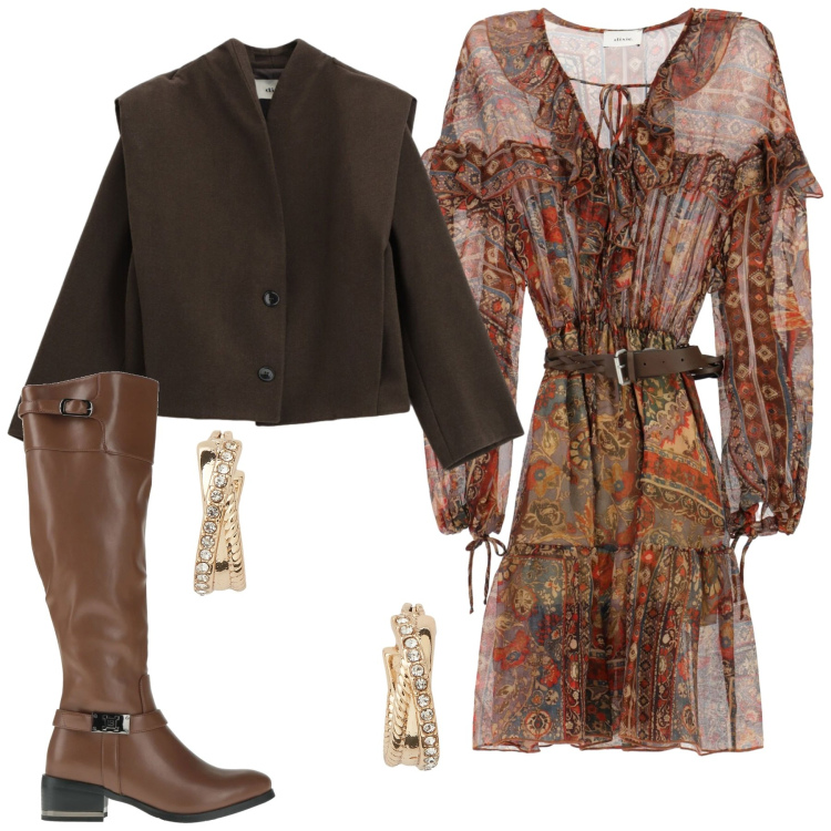 Outfit donna - Total look #2341918. Stile Trendy per Serata fuori. Abbinamento con stivali, vestiti, blazer, orecchini.