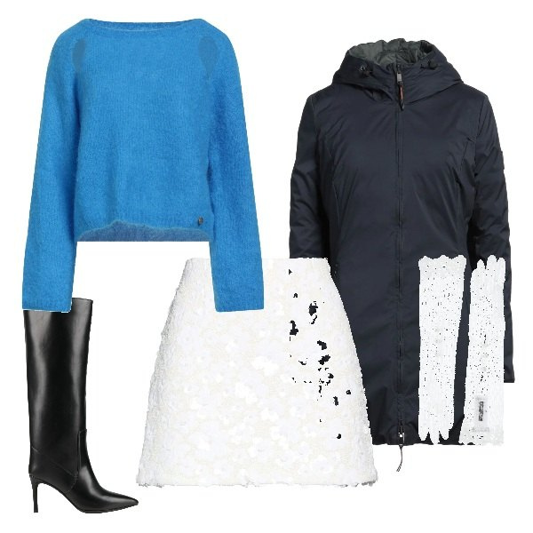 Outfit donna - Maglione blu promosso per l’inverno. Stile Sexy per Tutti i giorni. Abbinamento con minigonne, parka, guanti, stivali, pullovers.