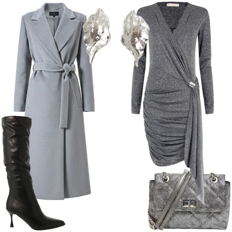 Outfit donna - Grigio elegante. Stile Chic per Serata fuori. Abbinamento con borse a tracolla, stivali sopra il ginocchio, orecchini, vestiti a tubino, cappotti.