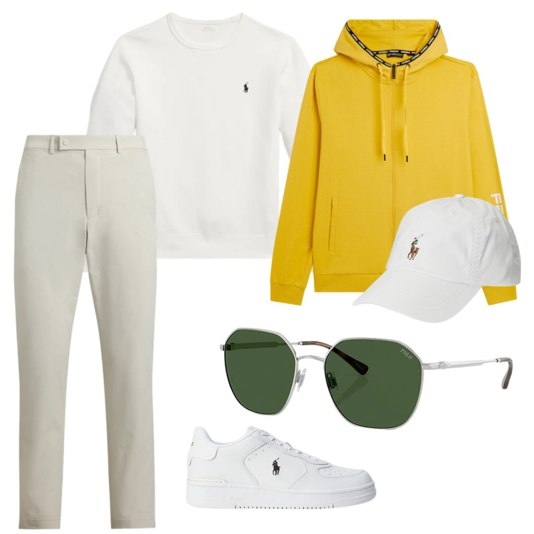 Outfit uomo - In barca. per Mare. Abbinamento con felpe con cappuccio, sneakers, cappelli, occhiali da sole, pantaloni, felpe.