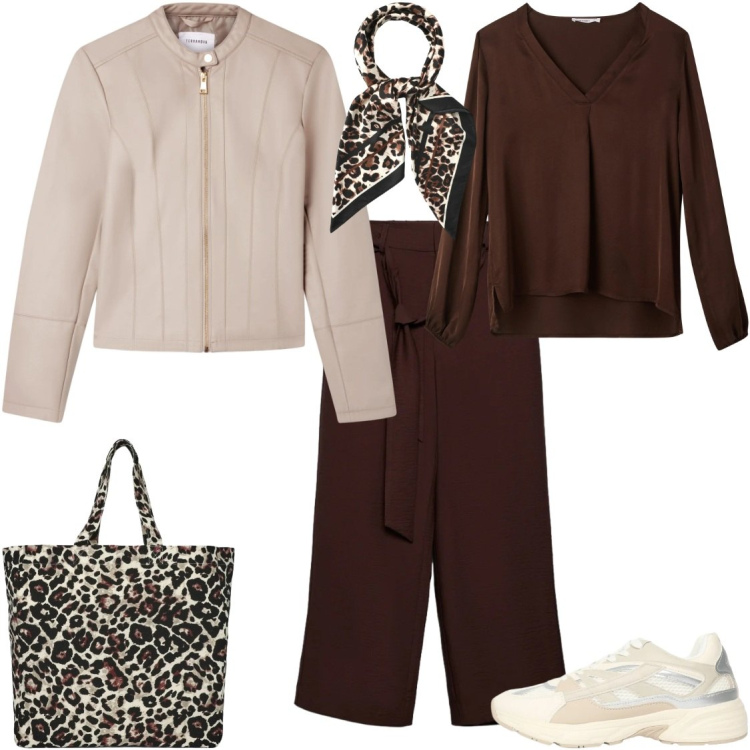 Outfit donna - Accessori coordinati. Stile Casual chic per Tutti i giorni. Abbinamento con bluse, pantaloni a palazzo, shopping bag, foulard, sneakers, giacche.