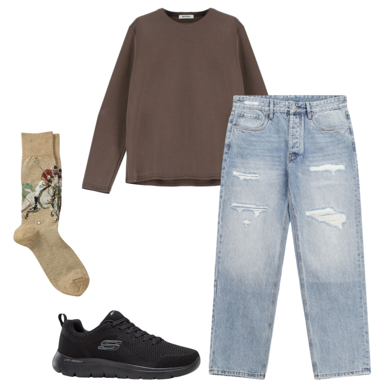 Outfit uomo - Total look #2341940. Stile Casual per Tutti i giorni. Abbinamento con sneakers, felpe, jeans strappati, calzini.