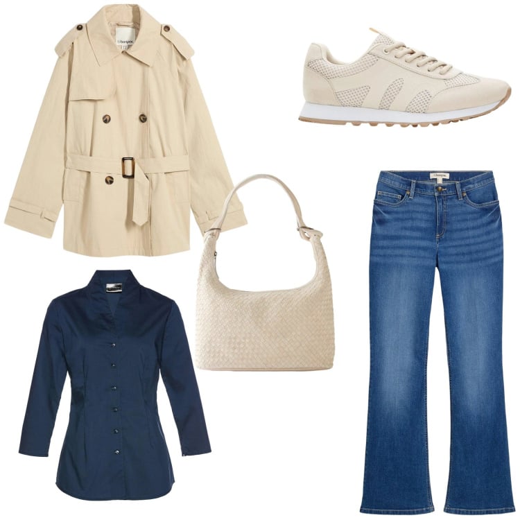 Outfit donna - Aspettando la primavera. Stile Casual per Tutti i giorni. Abbinamento con camicie, jeans bootcut, trench, sneakers, shopping bag.