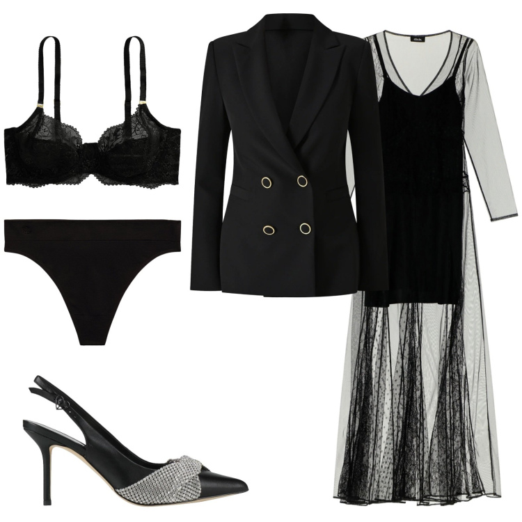 Outfit donna - A cena da lui. Stile Sexy per Serata fuori. Abbinamento con décolleté, blazer, reggiseni, perizomi, vestiti lunghi.