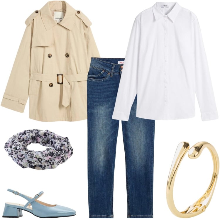 Outfit donna - Trench lovers. Stile Romantica per Tutti i giorni. Abbinamento con trench, jeans mom, décolleté, camicie, foulard, braccialetti.