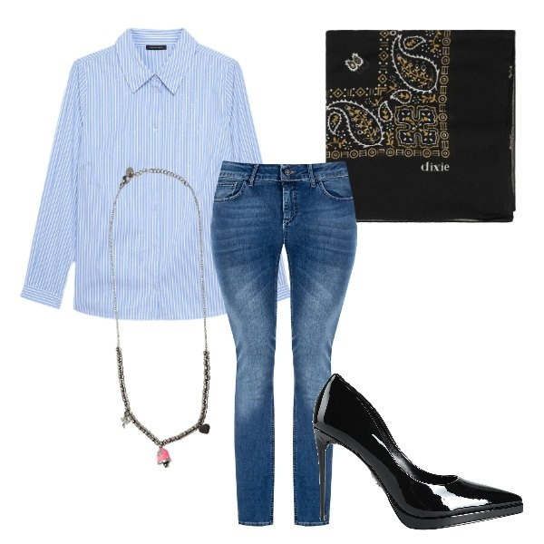 Outfit donna - jeans alleato di stile. Stile Casual chic per Ufficio. Abbinamento con décolleté, camicie, foulard, ciondoli, jeans skinny.