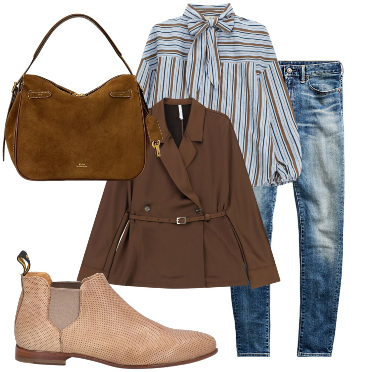 Outfit donna - Jeans e giacca. Stile Casual chic per Tutti i giorni. Abbinamento con stivaletti chelsea, blazer, bluse, jeans skinny, borse a mano.