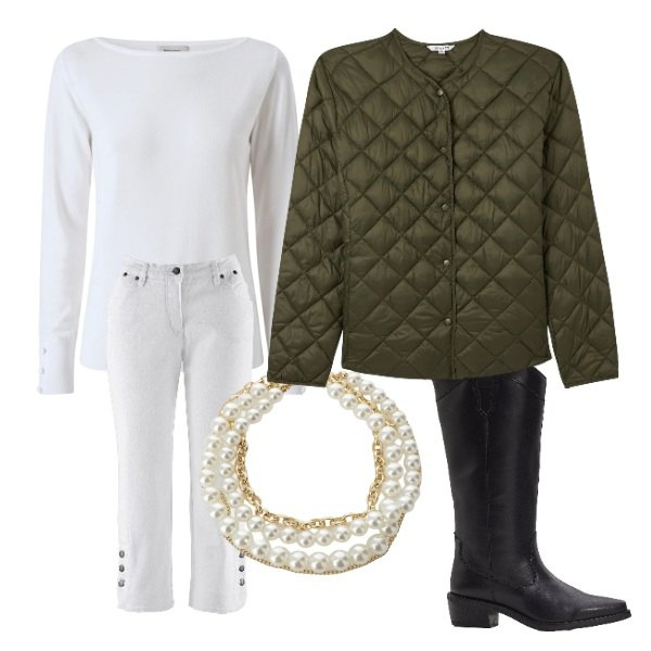 Outfit donna - Giubbino ideale per le mezze stagioni. Stile Bon Ton per Tutti i giorni. Abbinamento con jeans, stivali, piumini, collane, pullovers.