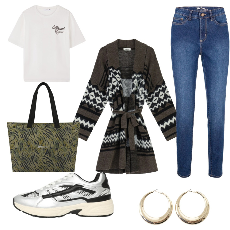 Outfit donna - Casual. Stile Casual chic per Tutti i giorni. Abbinamento con jeans skinny, sneakers, t-shirt, cappotti, orecchini, shopping bag.