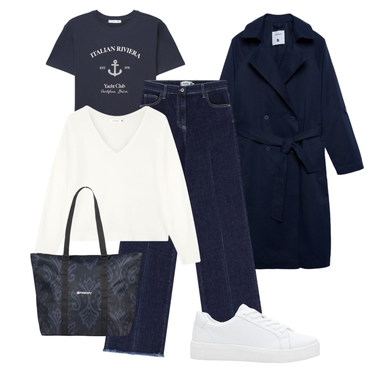 Outfit donna - Blu e bianco per tutti i giorni. Stile Casual per Tutti i giorni. Abbinamento con sneakers, trench, t-shirt, maglieria, shopping bag, jeans.
