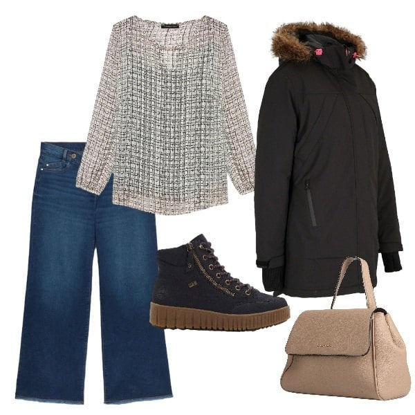 Outfit donna - casual-chic dalla mattina alla sera. Stile Sporty chic per Ufficio. Abbinamento con zaini, parka, sneakers alte, bluse, jeans.